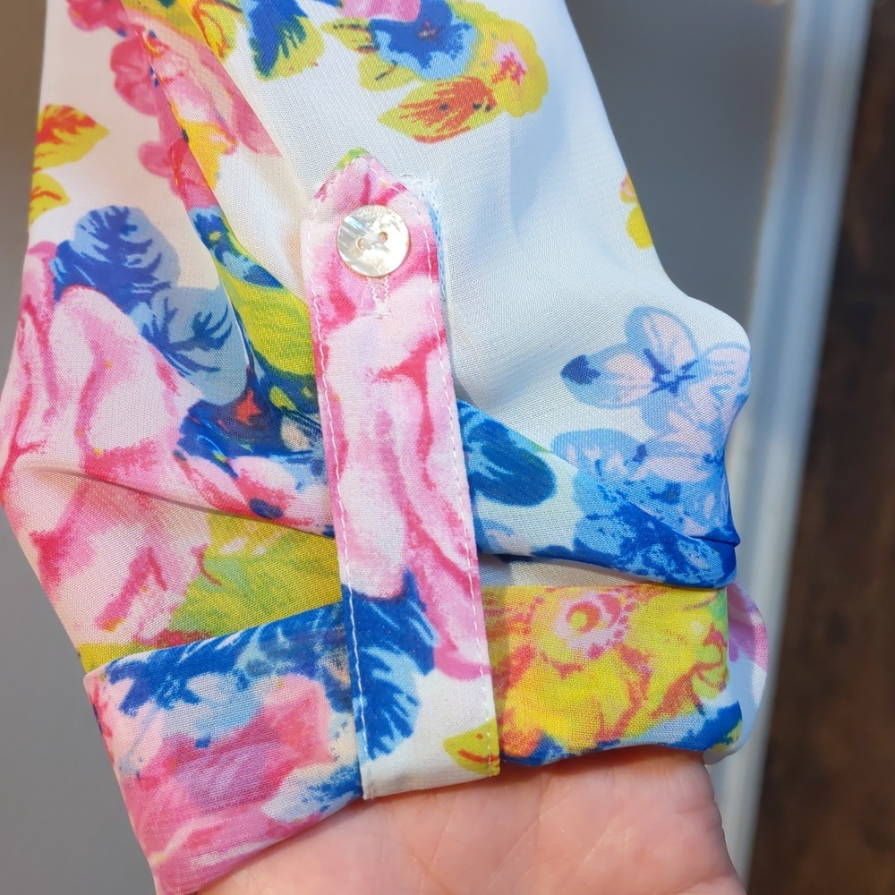 Floral Print Button-Up Blouse - White with Pink, Yellow & Blue - Picture 5 of 8